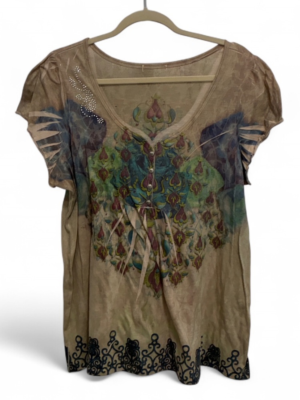 Y2K Cyber Boho Floral Print Button Neck Taupe Short Sleeve Top